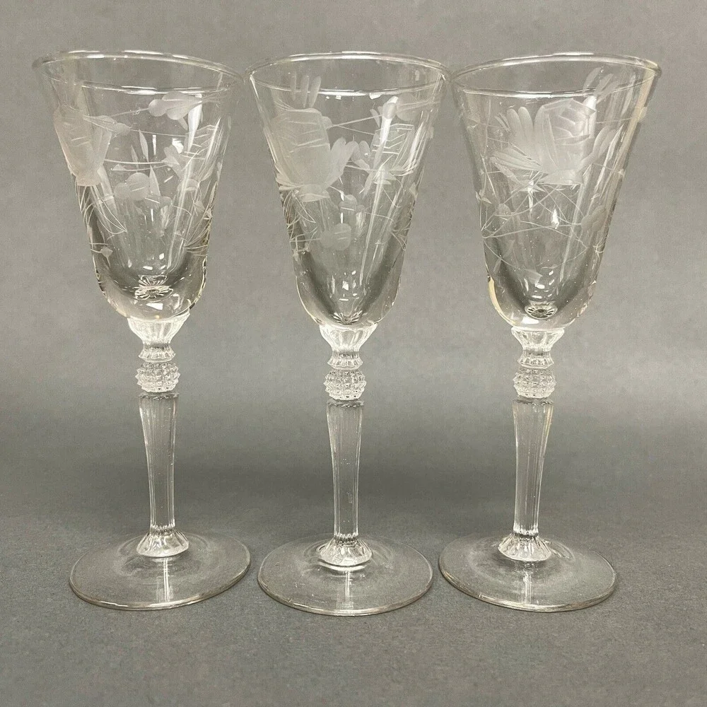 Vintage Wine Glasses‎ Clear Glass Etched Roses Flowers Floral 5 3/8